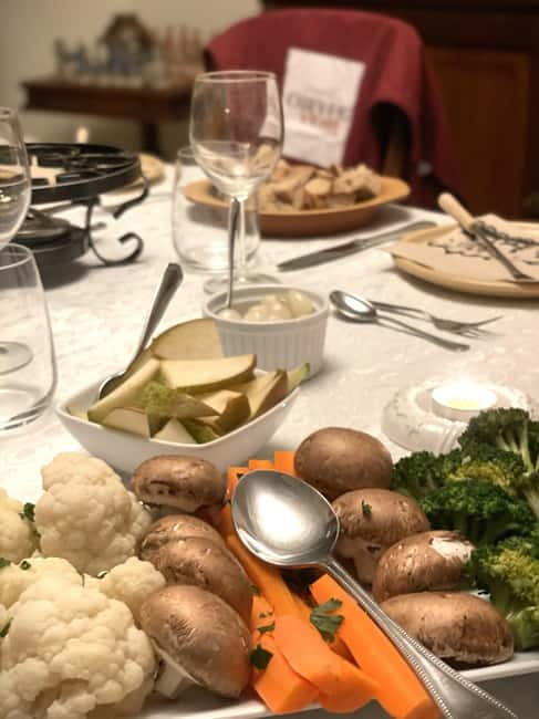 Traditional Swiss Dinner: Cheese Fondue, Appetizers/Dessert - The fondue course, with Gruyère, Emmental, and Appenzeller